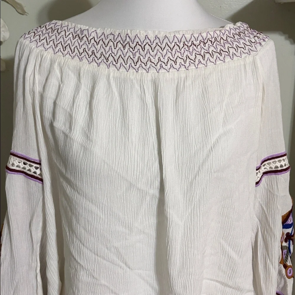 INC International Concepts Cream Blouse Purple Embroidery